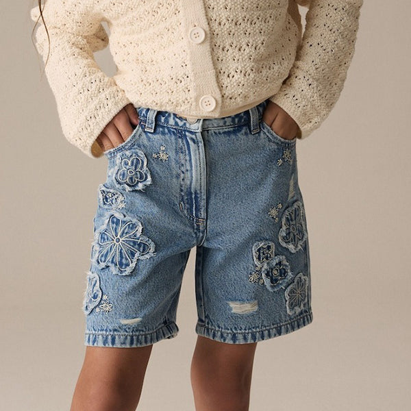 Denim 100% Cotton Denim Knitted Flower Shorts (3-12yrs)