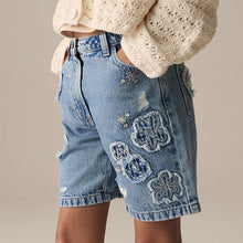 Load image into Gallery viewer, Denim 100% Cotton Denim Knitted Flower Shorts (3-12yrs)
