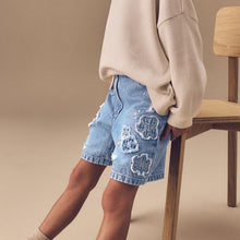 Load image into Gallery viewer, Denim 100% Cotton Denim Knitted Flower Shorts (3-12yrs)
