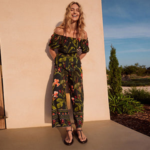 Emerald Green Off Shoulder Wide Leg Jumpsuit