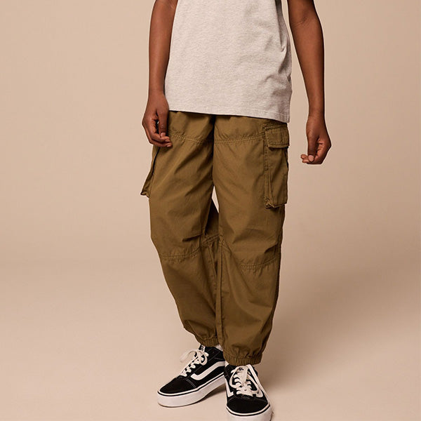 Tan Brown 100% Cotton Wide Tapered Cargo Trousers