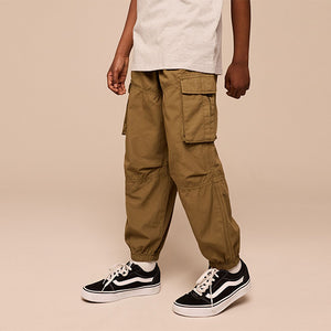 Tan Brown 100% Cotton Wide Tapered Cargo Trousers