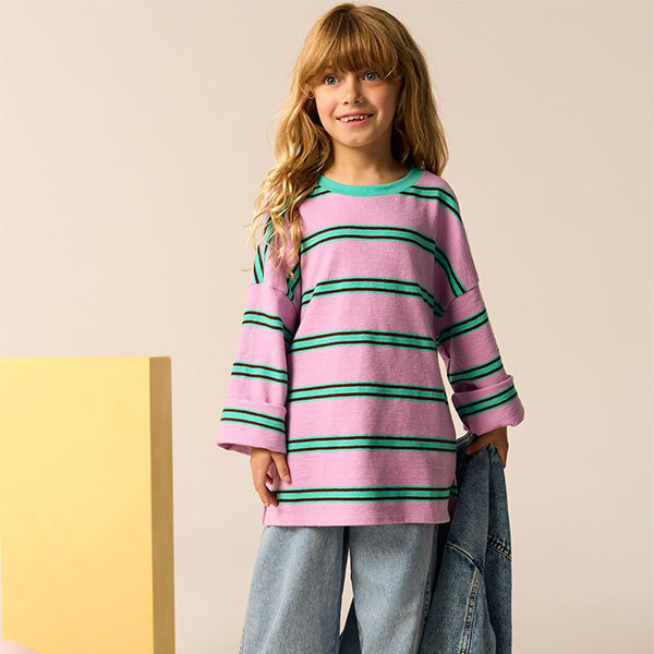 Pink/Green Oversized Long Sleeve Textured 100% Cotton T-Shirt (3-12yrs)