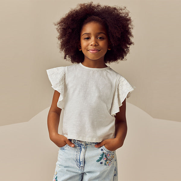 Ecru Cornelli Frill Sleeve 100% Cotton T-Shirt (3-12yrs)