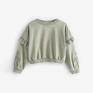 Khaki Green 100% Cotton Embroidered Boxy Long Sleeve Sweatshirt (3-12yrs)