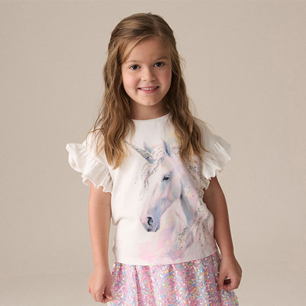 Ecru Sequin Unicorn Frill Sleeve T-Shirt (3-11yrs)