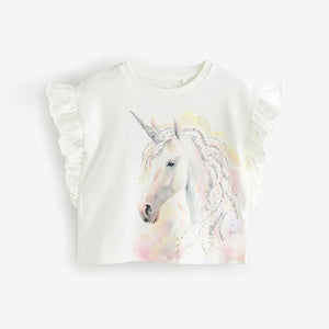 Ecru Sequin Unicorn Frill Sleeve T-Shirt (3-11yrs)