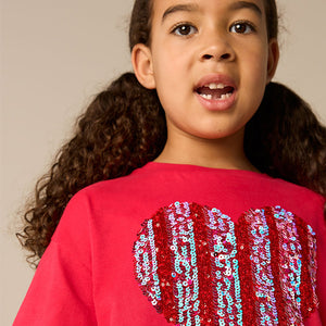 Red 100% Cotton Sequin Heart Print T-Shirt (3-12yrs)