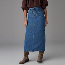 Load image into Gallery viewer, Mid Blue 100% Cotton Belted Pocket Stitch Midi Skirt
