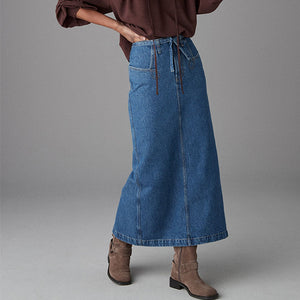 Mid Blue 100% Cotton Belted Pocket Stitch Midi Skirt