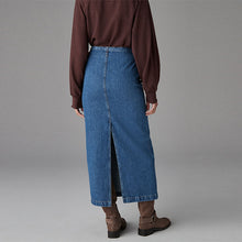 Load image into Gallery viewer, Mid Blue 100% Cotton Belted Pocket Stitch Midi Skirt

