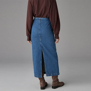 Mid Blue 100% Cotton Belted Pocket Stitch Midi Skirt