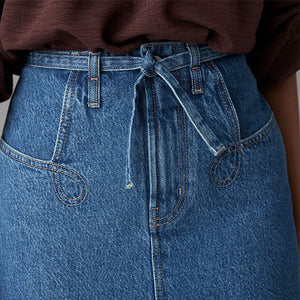 Mid Blue 100% Cotton Belted Pocket Stitch Midi Skirt