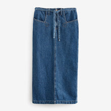 Load image into Gallery viewer, Mid Blue 100% Cotton Belted Pocket Stitch Midi Skirt
