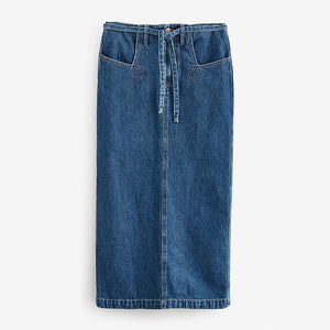Mid Blue 100% Cotton Belted Pocket Stitch Midi Skirt