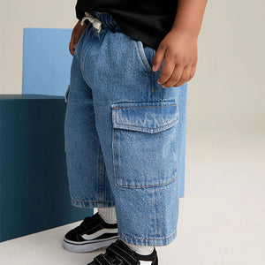Mid Blue Denim Wide Leg Pull On Cargo 100% Cotton Jeans