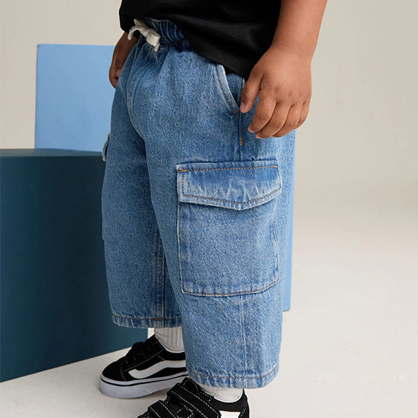 Mid Blue Denim Wide Leg Pull On Cargo 100% Cotton Jeans