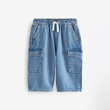 Load image into Gallery viewer, Mid Blue Denim Wide Leg Pull On Cargo 100% Cotton Jeans
