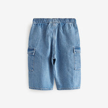 Load image into Gallery viewer, Mid Blue Denim Wide Leg Pull On Cargo 100% Cotton Jeans
