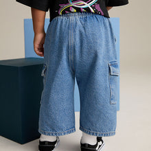Load image into Gallery viewer, Mid Blue Denim Wide Leg Pull On Cargo 100% Cotton Jeans

