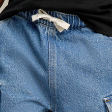 Load image into Gallery viewer, Mid Blue Denim Wide Leg Pull On Cargo 100% Cotton Jeans
