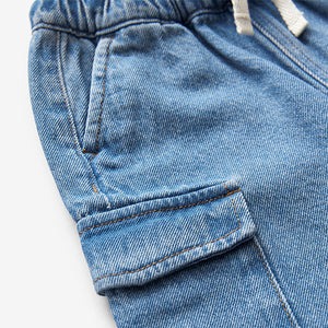 Mid Blue Denim Wide Leg Pull On Cargo 100% Cotton Jeans