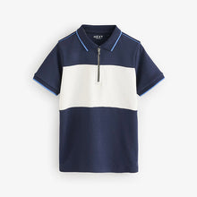Load image into Gallery viewer, Navy/White 100% Cotton Quarter Zip Colourblock Short Sleeve Polo
