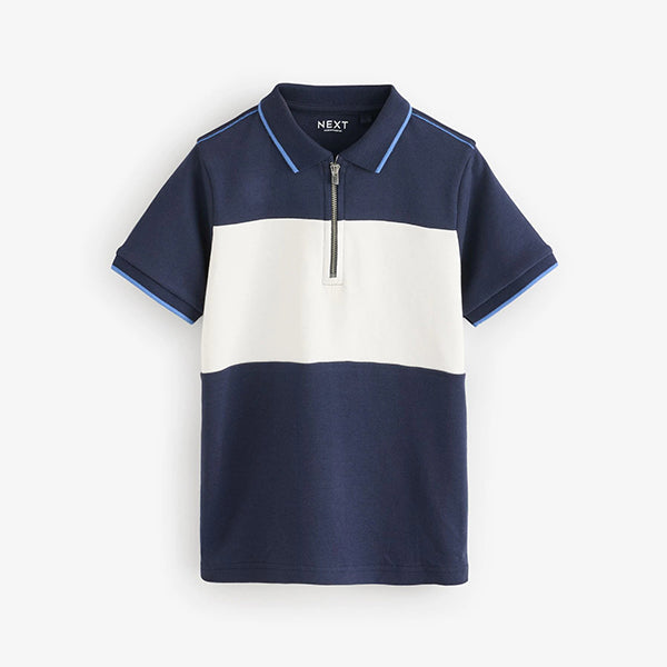 Navy/White 100% Cotton Quarter Zip Colourblock Short Sleeve Polo