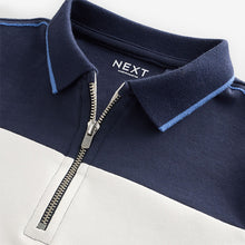 Load image into Gallery viewer, Navy/White 100% Cotton Quarter Zip Colourblock Short Sleeve Polo

