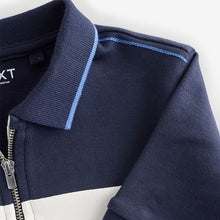 Load image into Gallery viewer, Navy/White 100% Cotton Quarter Zip Colourblock Short Sleeve Polo
