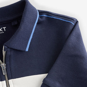 Navy/White 100% Cotton Quarter Zip Colourblock Short Sleeve Polo