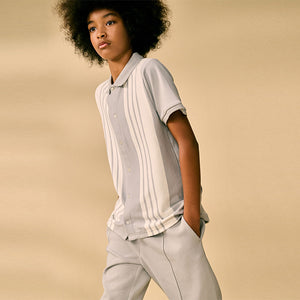 Grey/White 100% Cotton Stripe Button Through Short Sleeve Polo