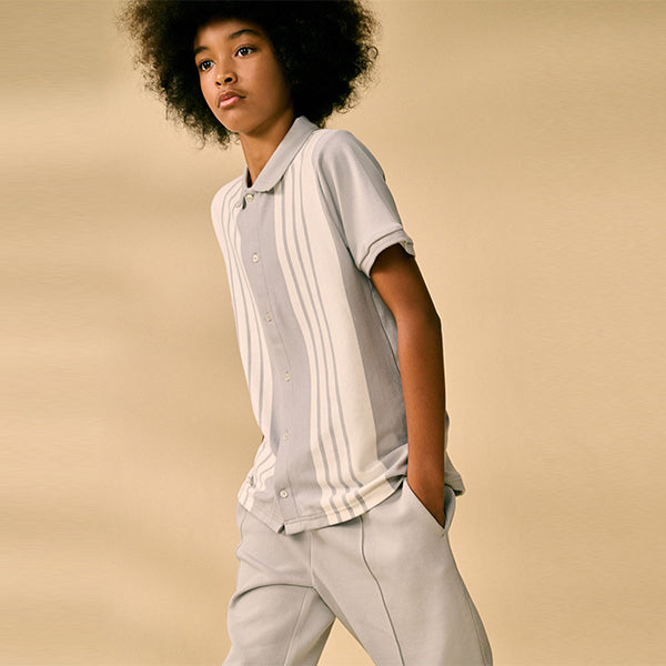 Grey/White 100% Cotton Stripe Button Through Short Sleeve Polo