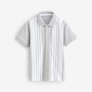 Grey/White 100% Cotton Stripe Button Through Short Sleeve Polo
