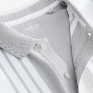 Grey/White 100% Cotton Stripe Button Through Short Sleeve Polo
