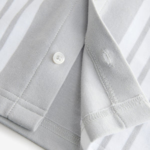 Grey/White 100% Cotton Stripe Button Through Short Sleeve Polo