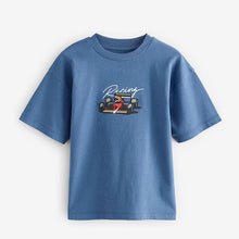 Load image into Gallery viewer, Blue Embroidery Racing Car Relaxed Fit Short Sleeve Graphic
