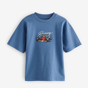 Blue Embroidery Racing Car Relaxed Fit Short Sleeve Graphic