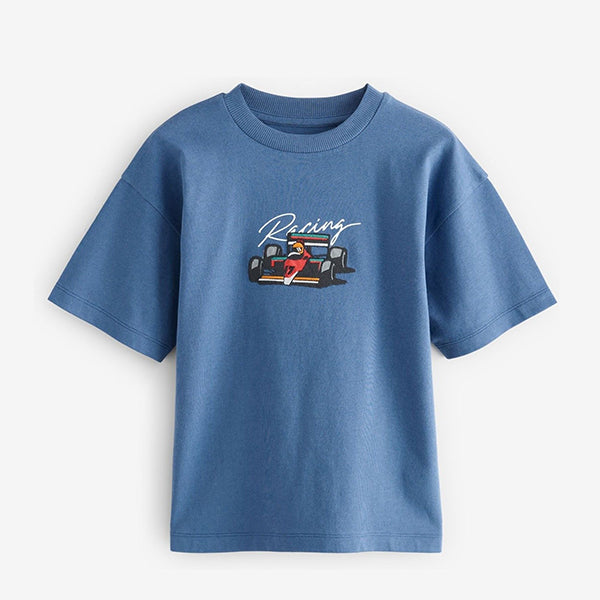 Blue Embroidery Racing Car Relaxed Fit Short Sleeve Graphic
