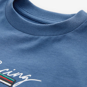 Blue Embroidery Racing Car Relaxed Fit Short Sleeve Graphic