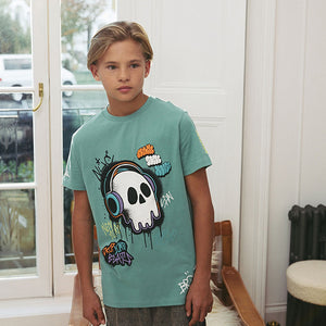 Green Graffiti Skull Regular Fit Short Sleeve Graphic T-Shirt