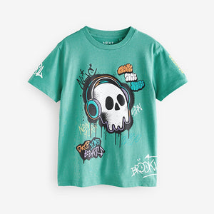 Green Graffiti Skull Regular Fit Short Sleeve Graphic T-Shirt