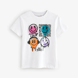 White Happy Face Regular Fit Short Sleeve Graphic Print T-Shirt