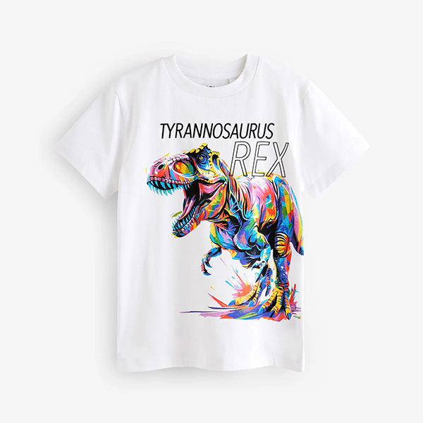 White Rainbow Dino Regular Fit Short Sleeve Graphic T-Shirt