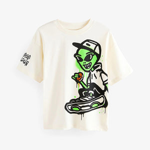 Ecru Cream Graffiti Alien Relaxed Fit Short Sleeve Graphic Print T-