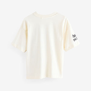 Ecru Cream Graffiti Alien Relaxed Fit Short Sleeve Graphic Print T-