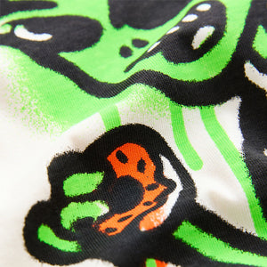 Ecru Cream Graffiti Alien Relaxed Fit Short Sleeve Graphic Print T-