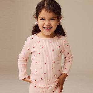 Pink Cherry Hearts Rib Long Sleeve T-Shirt (3mths-6yrs)