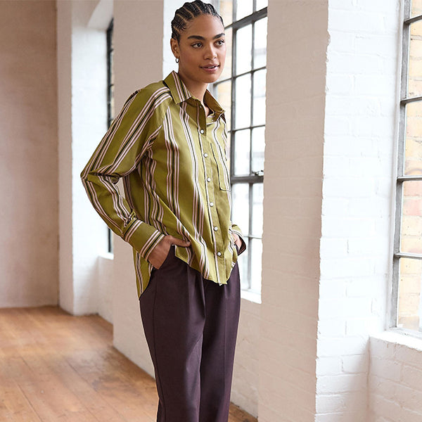 Olive Green Stripe Girlfriend Oversized Long Sleeve Shirt