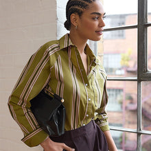 Load image into Gallery viewer, Olive Green Stripe Girlfriend Oversized Long Sleeve Shirt
